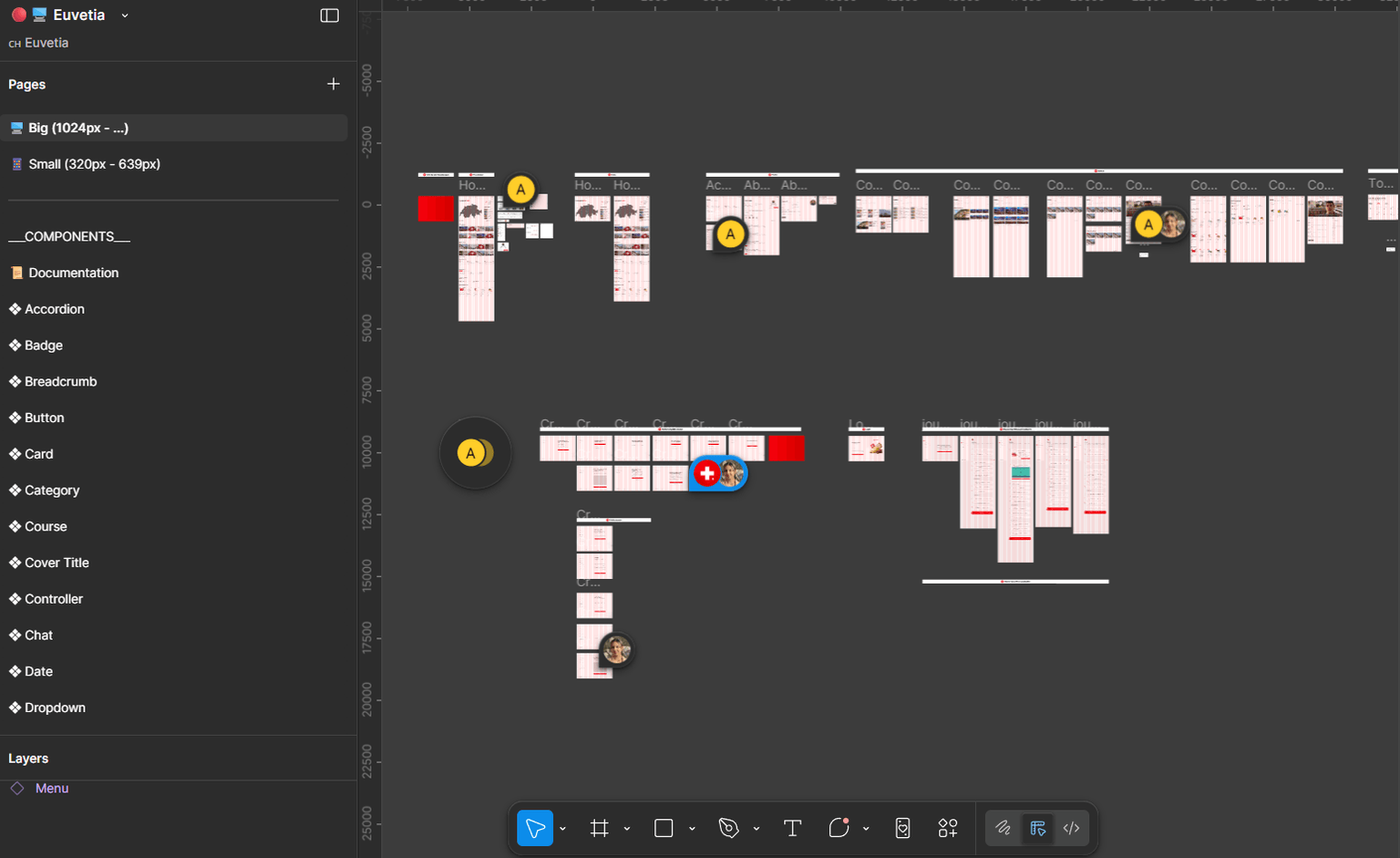 Euvetia Figma file with pages by screen size, a components library, and canvas artboards arranged for design-to-dev handoff.