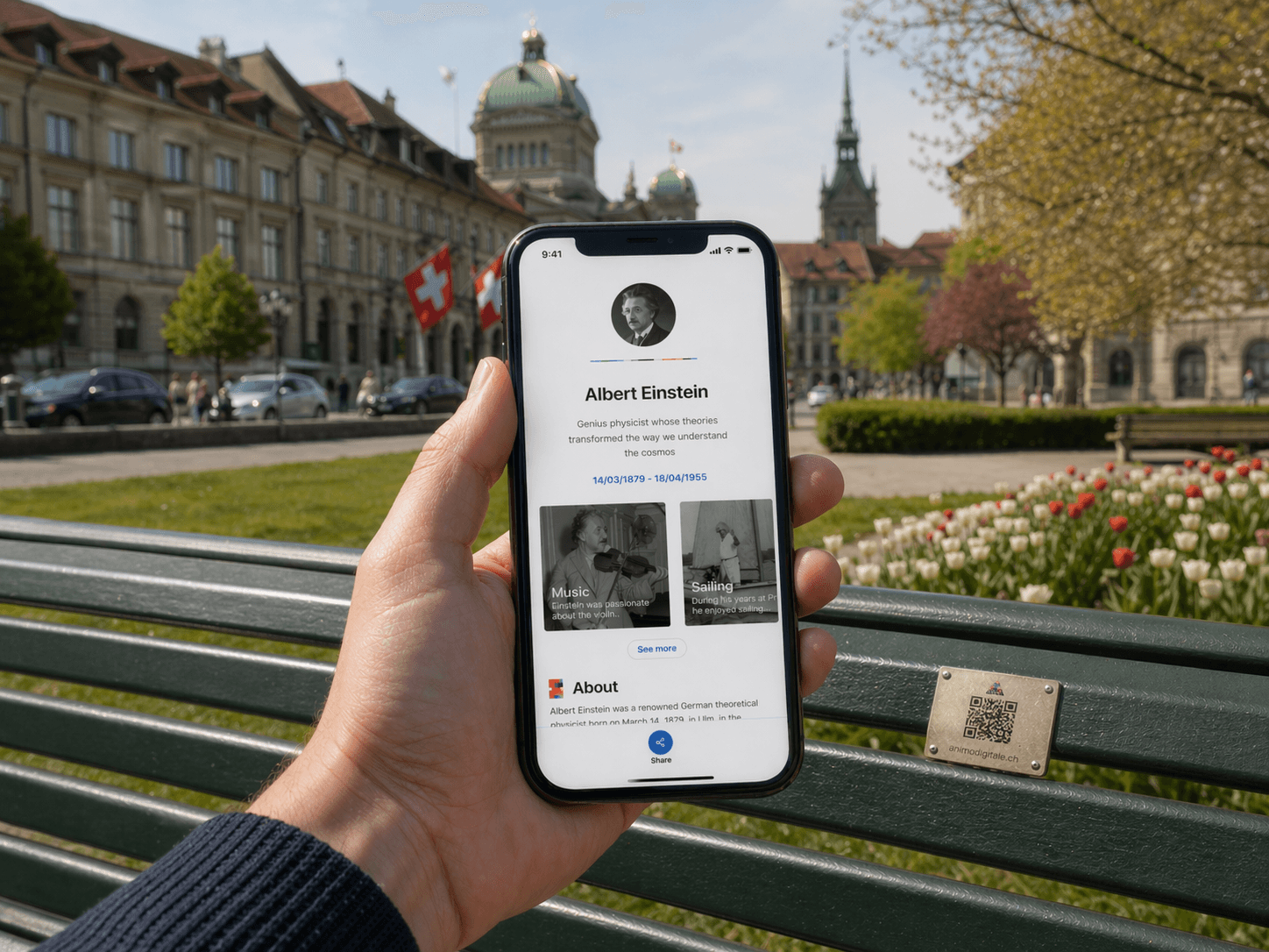 Phone showing the Anima Digitale memorial page next to a QR plaque on a bench in Switzerland