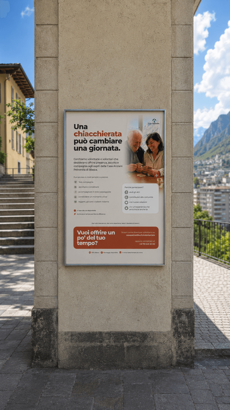 Volunteer recruitment poster designed for Casa Petronilla in Biasca