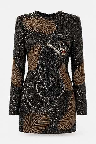 AI-generated packshot of a black embellished mini dress with panther embroidery